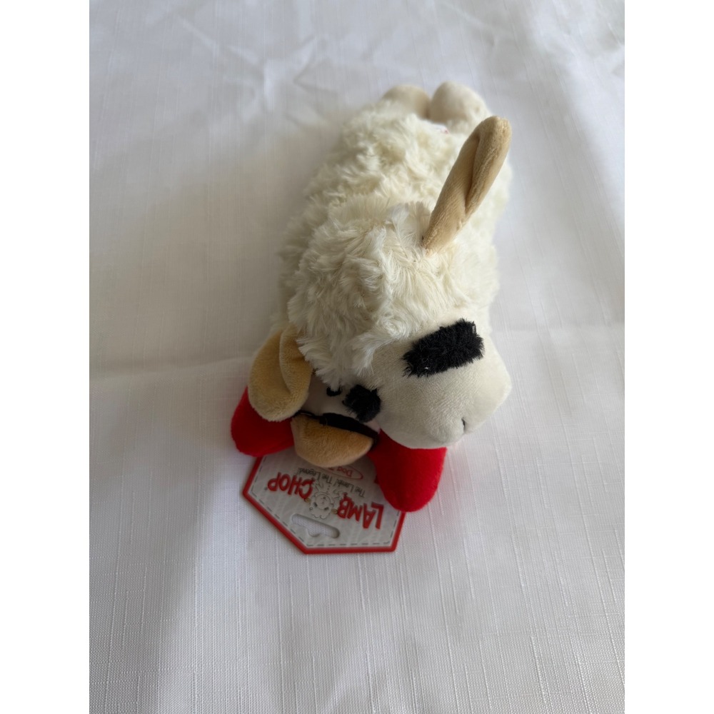 Multipet Lamb Chop Plush Squeaky Toy Cream Red Paws 71568 Classic Media